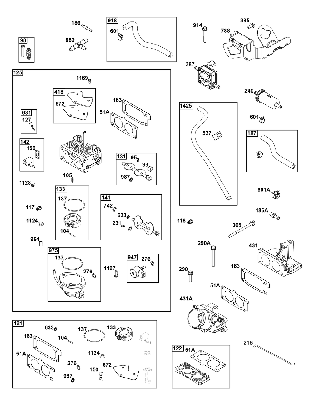 Carburetor And Fuel Supply Group Diagram and Parts List for 543477-3314-J1 400000 - 699999 Briggs and Stratton Engine